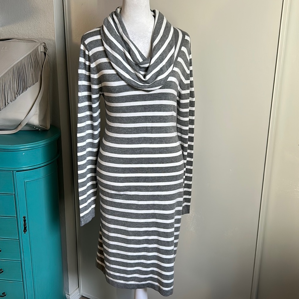 Rare Tart Women’s Long Sleeve Striped Print Cowl Neck Midi Sweater Dress